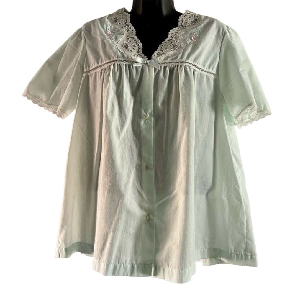 Vintage 50s 60s Barbizon Mint Green V Neck Embroidered Lace Swing PJ Top M